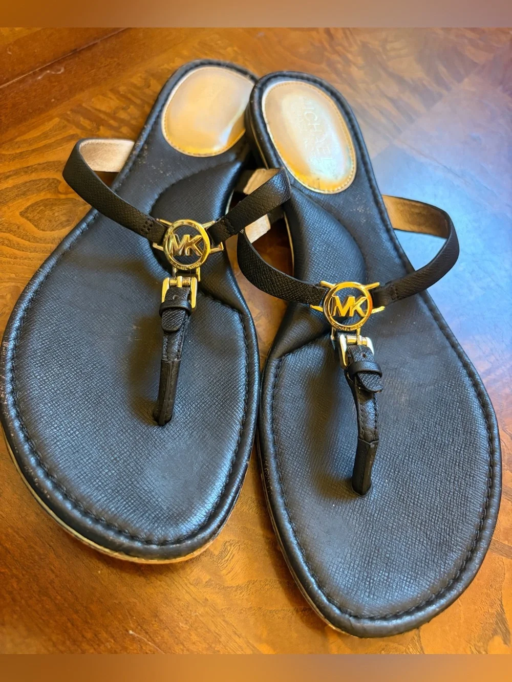 Michael Kors Black Leather T-Strap Sandals with Gold MK Medallions